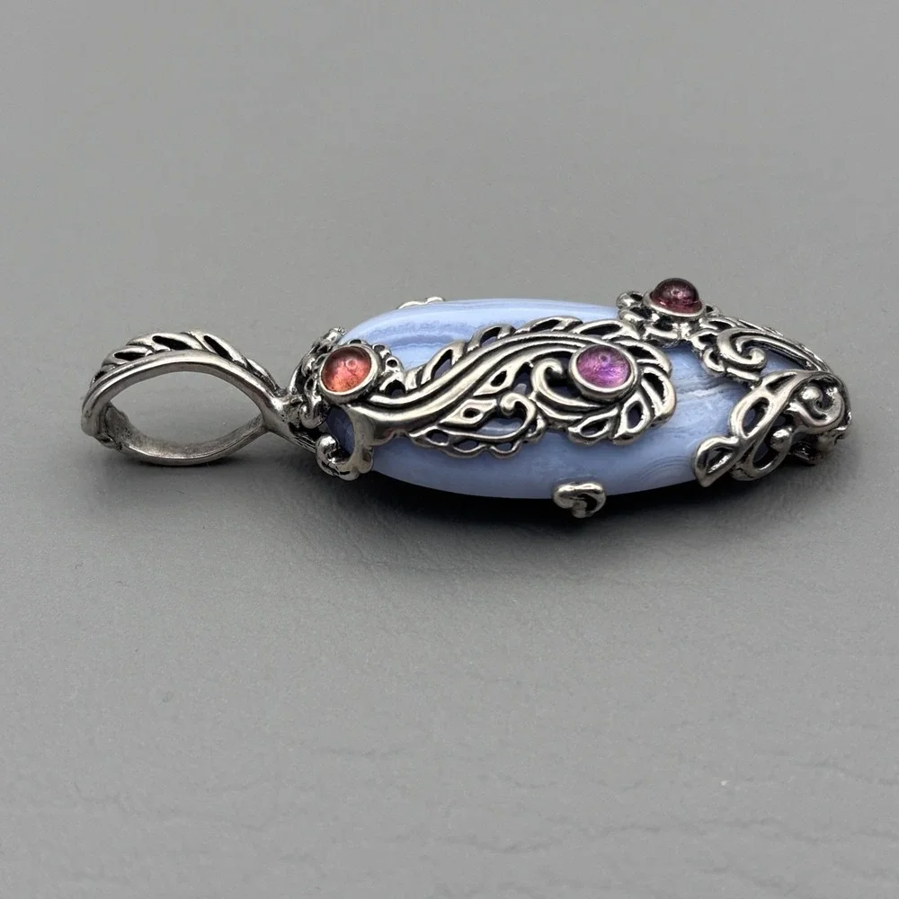 Vintage Carolyn Pollack Relios Sterling Blue Lace Agate Pendant 2.5